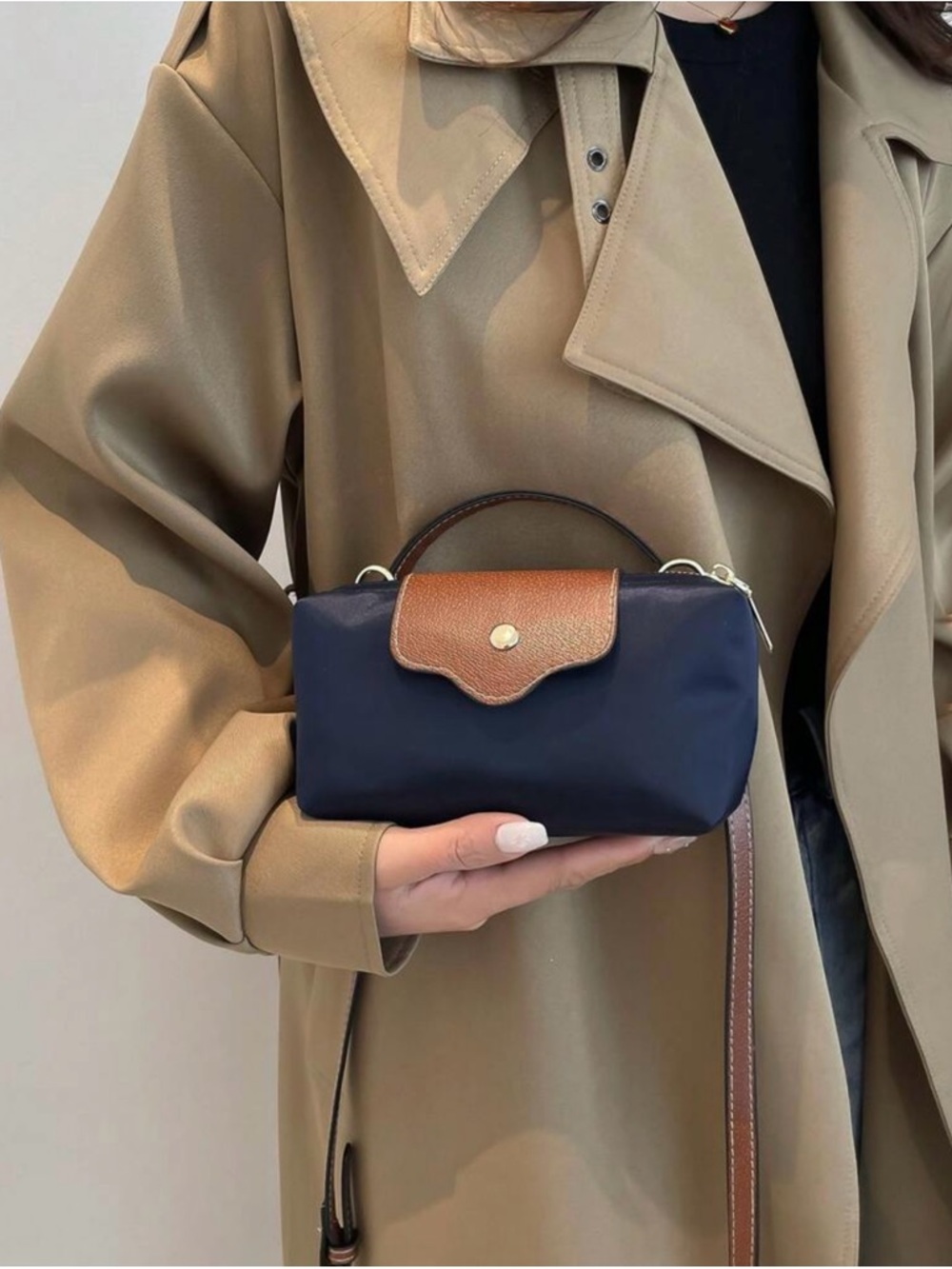 Navy and Brown Crossbody Bag with Top Handle
